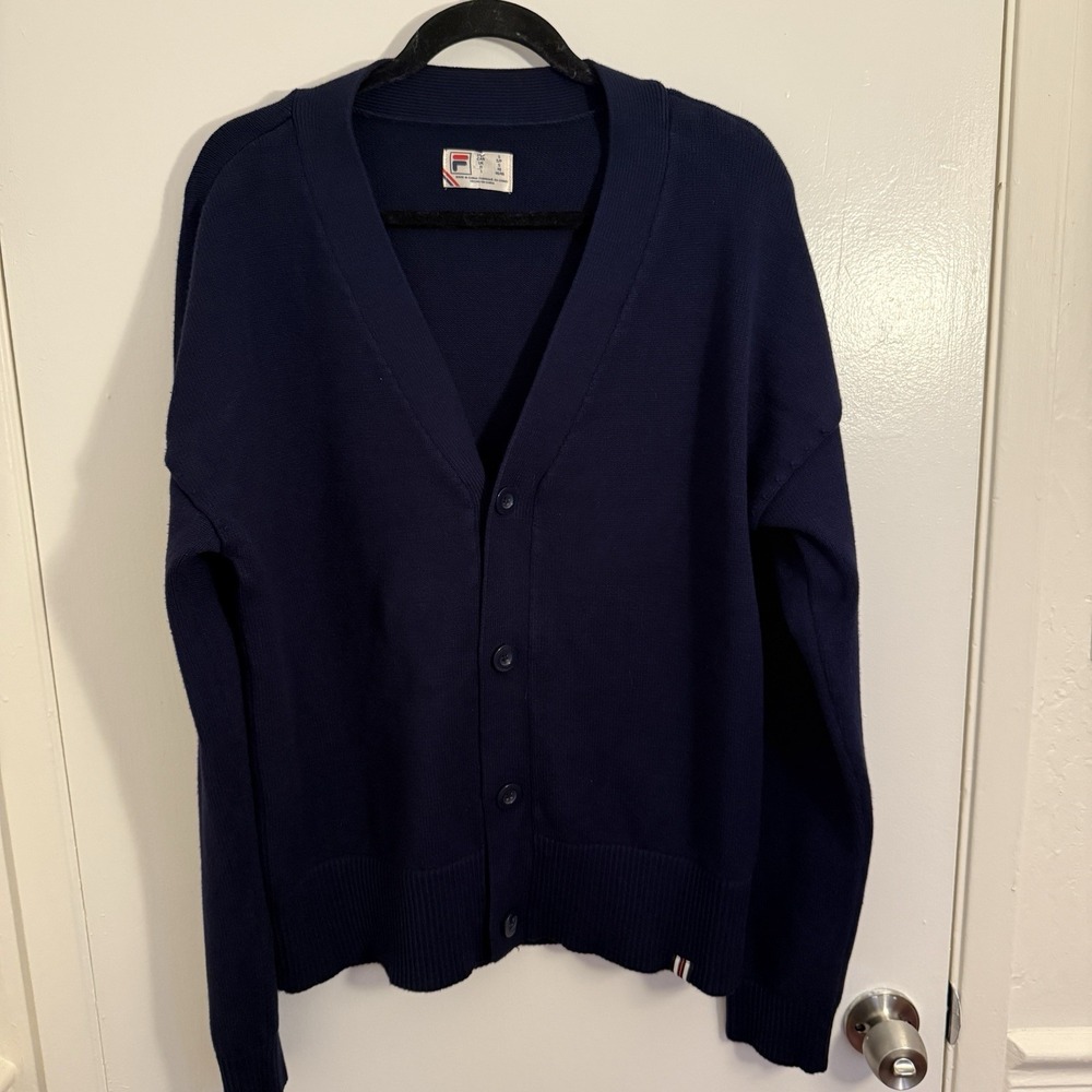 Fila Men's VTG Navy Blue V-Neck Button Up Sweater Small